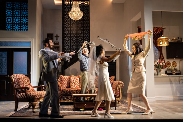 (L-R) Waseem Alzer, Ali Louis Bourzgui, Becca Khalil and Atra Asdou in Martin Yousif Zebari’s Layalina. Image Credit: Liz Lauren.